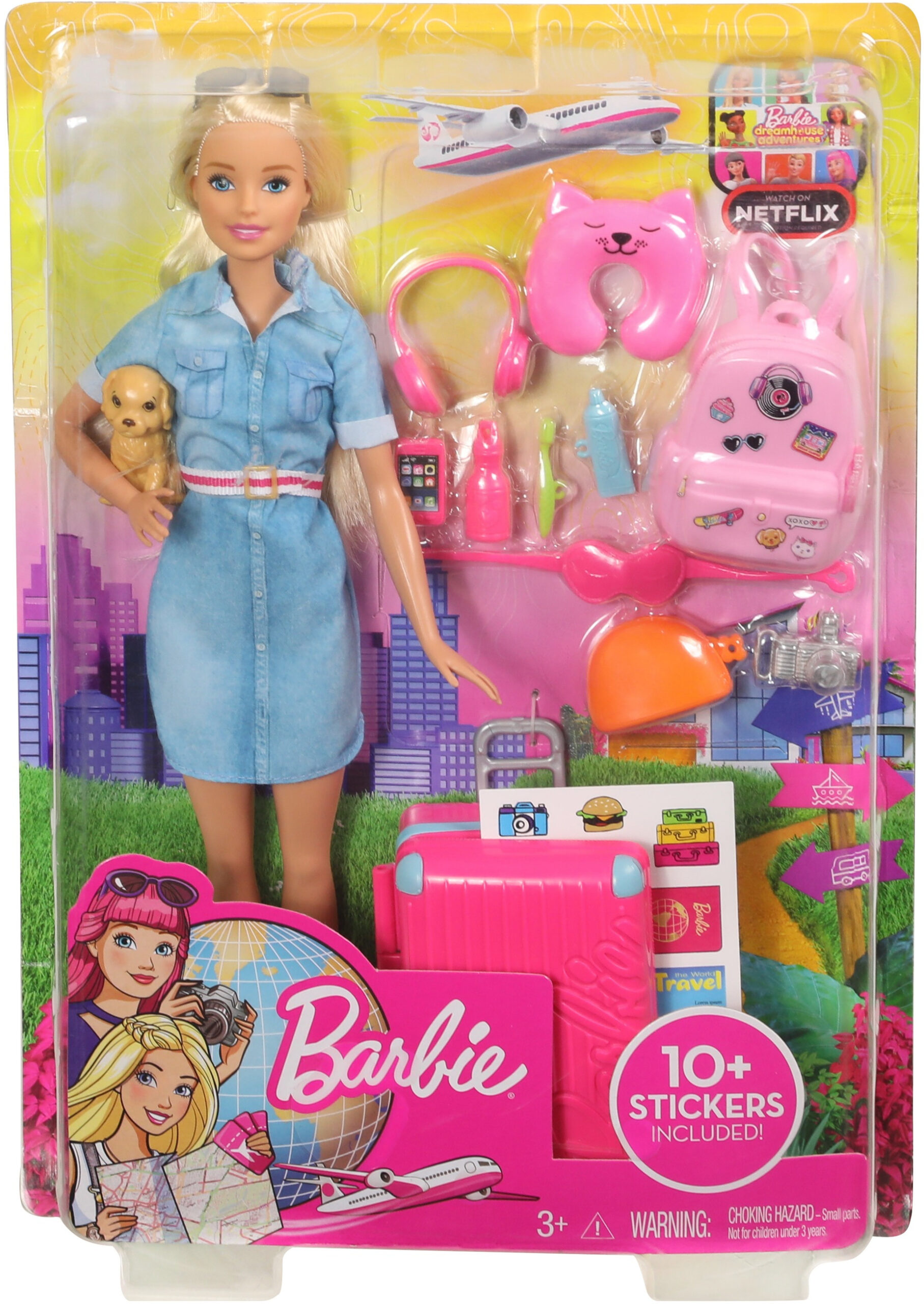 barbie doll and travel set with puppy